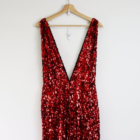 NBD Maeve Sequin Plunging Neck Maxi Slit Gown Red - Picture 7 of 8